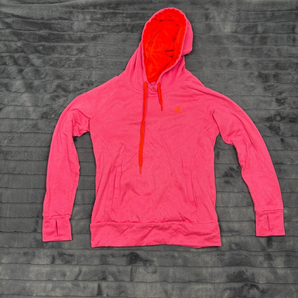 Adidas Ultimate Hoodie Womens Small Pink Orange Fleece Pullover Sweatshirt 7760